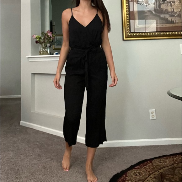 EUC Black LOFT Spaghetti Strap Jumpsuit with Waist Tie - Picture 2 of 9